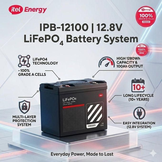 Itel 1.28kWh, 12.8V 100Ah LiFePO4 (Lithium Iron Phosphate) battery